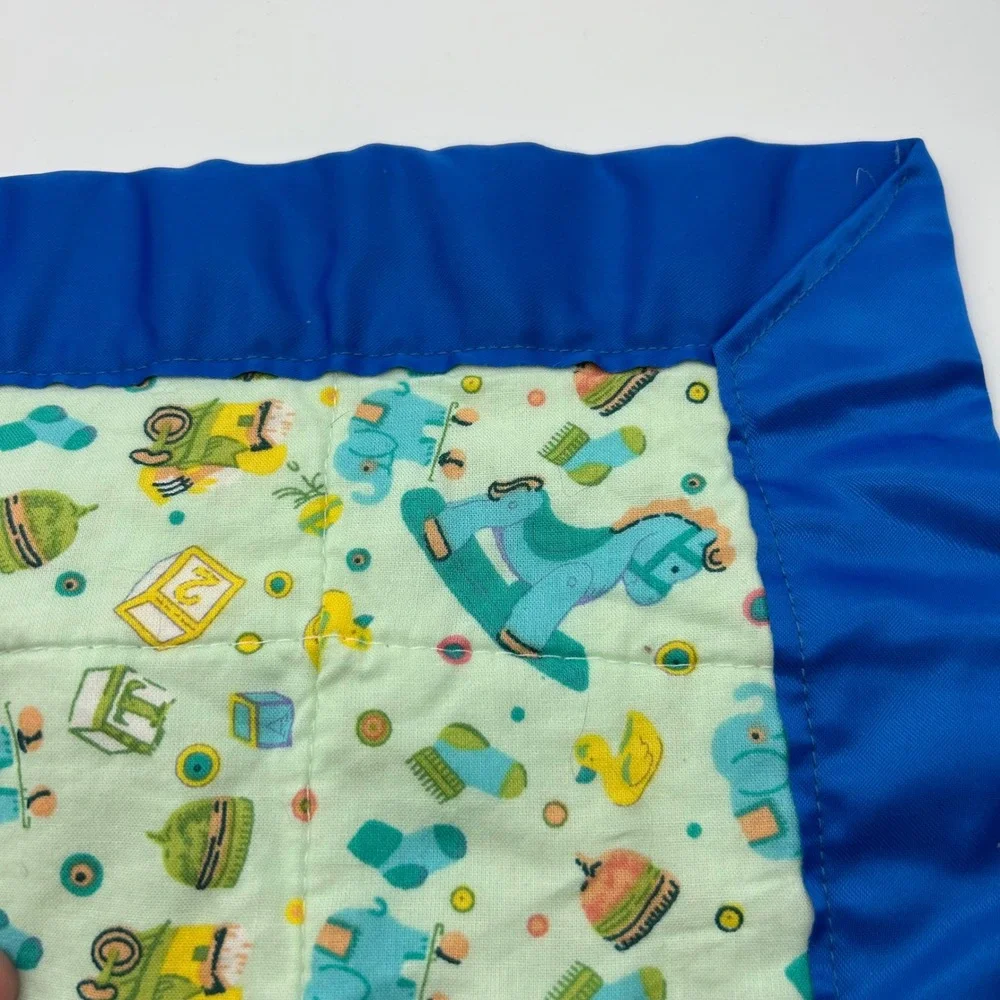 Vintage Baby Quilt Rocking Horse Elephant Nursery Print Blue Satin Trim 36